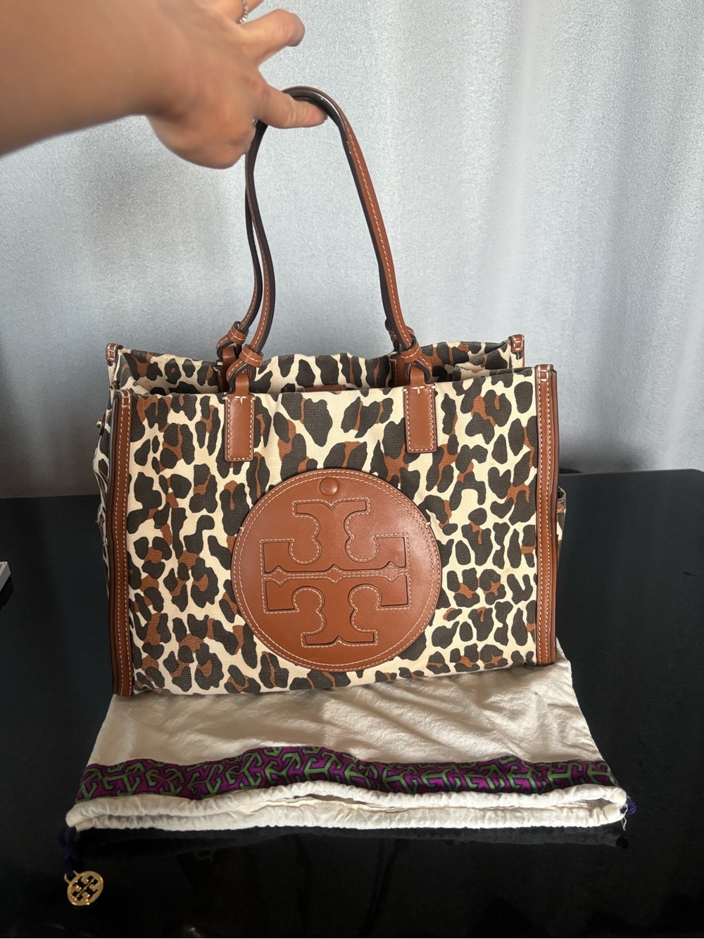 Authentic Tory Burch Ella Leopard Print Leather-Trim canvas Tote - Brown/Cream